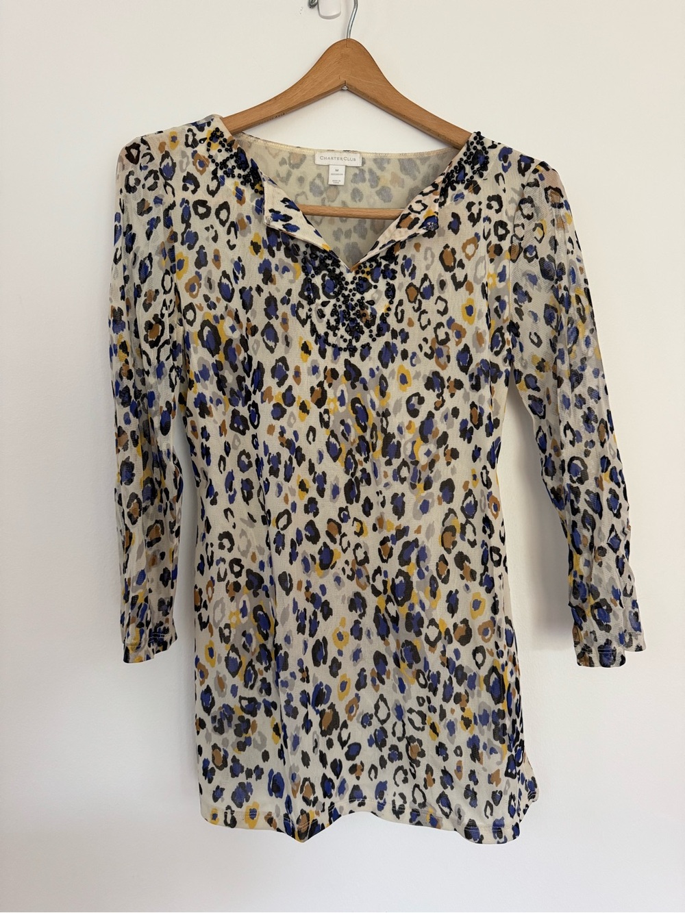 Charter Club White Leopard-Print V-Neck Tunic with Beaded Detail